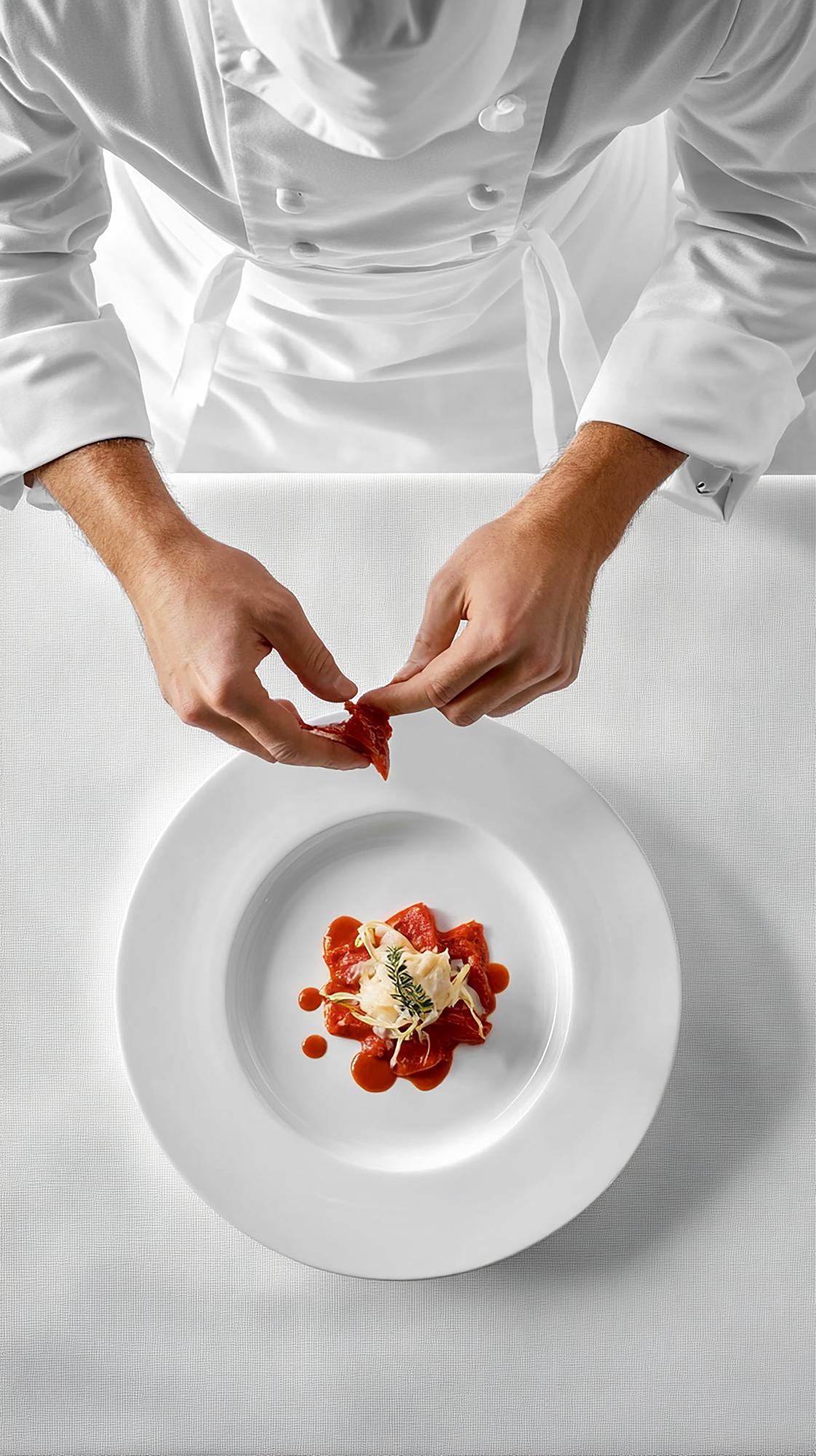 Chef plating a modern dish in studio kitchen